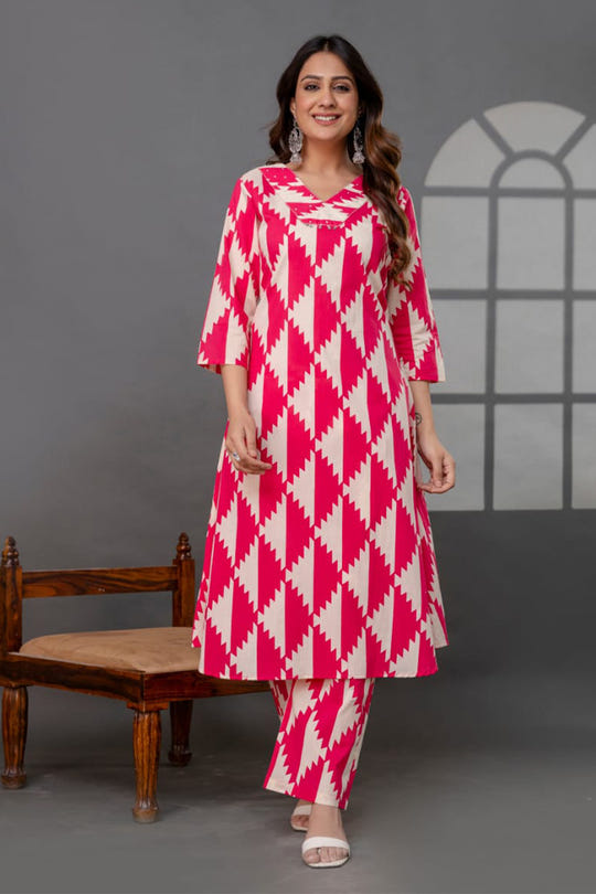 Beige And Magenta Printed Cotton Kurta Set