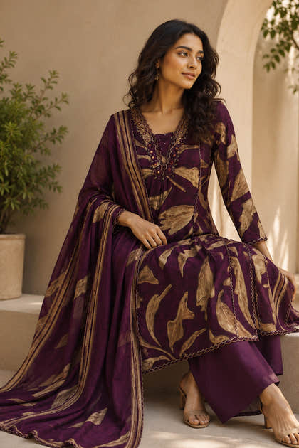 Wine Muslin Printed Straight Suit Set