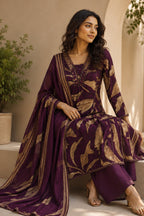 Wine Muslin Printed Straight Suit Set