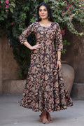 Navy Cotton Floral Printed Anarkali Kurti