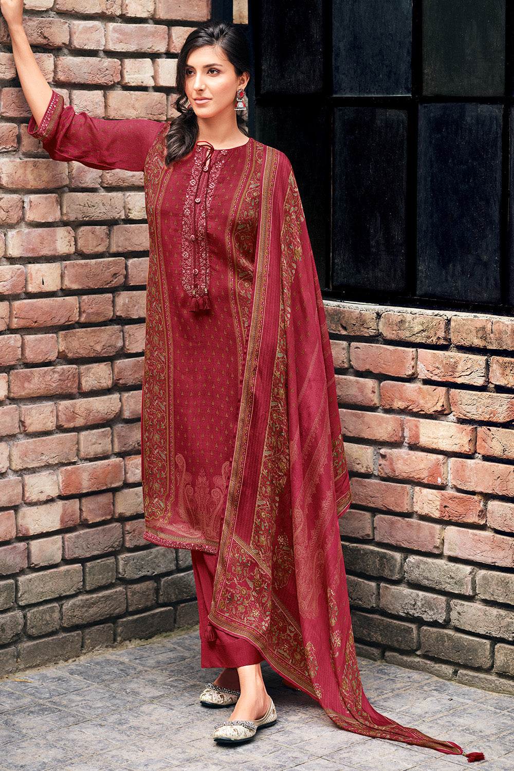 Maroon Color Crepe Silk Printed Unstitched Suit Material