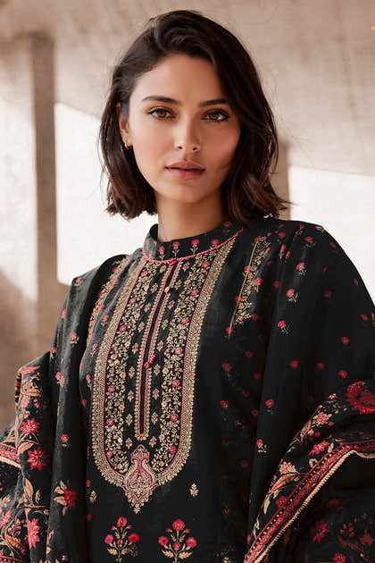 Black Silk Embroidered And Floral Printed Unstitched Suit Fabric