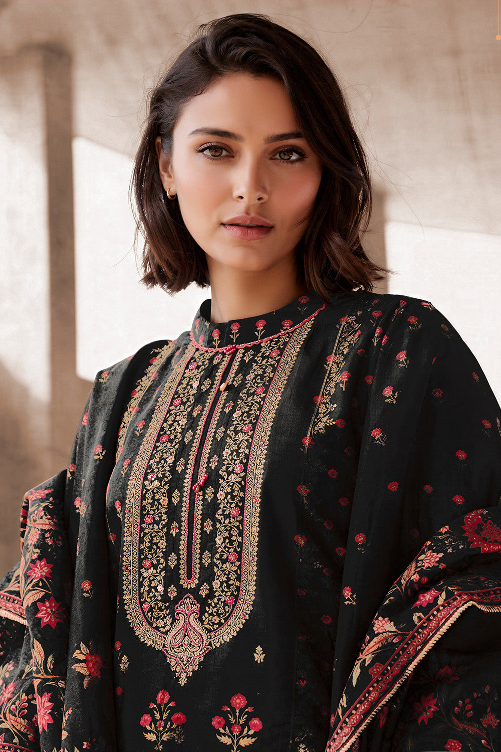 Black Silk Embroidered And Floral Printed Unstitched Suit Fabric