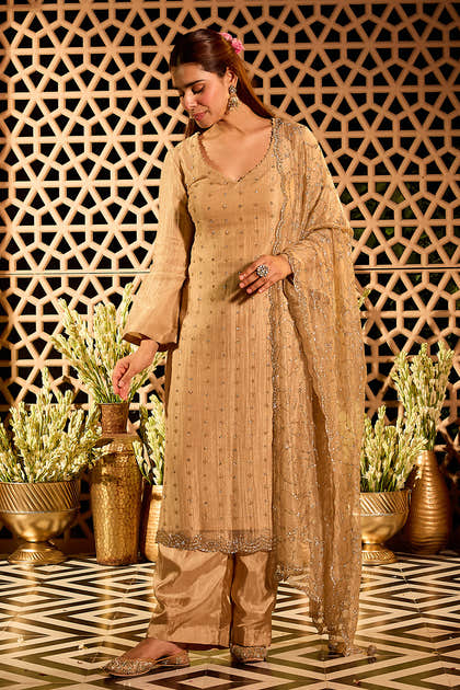 Beige Tissue Cut-Dana & Swaroski Work Unstitched Suit Material