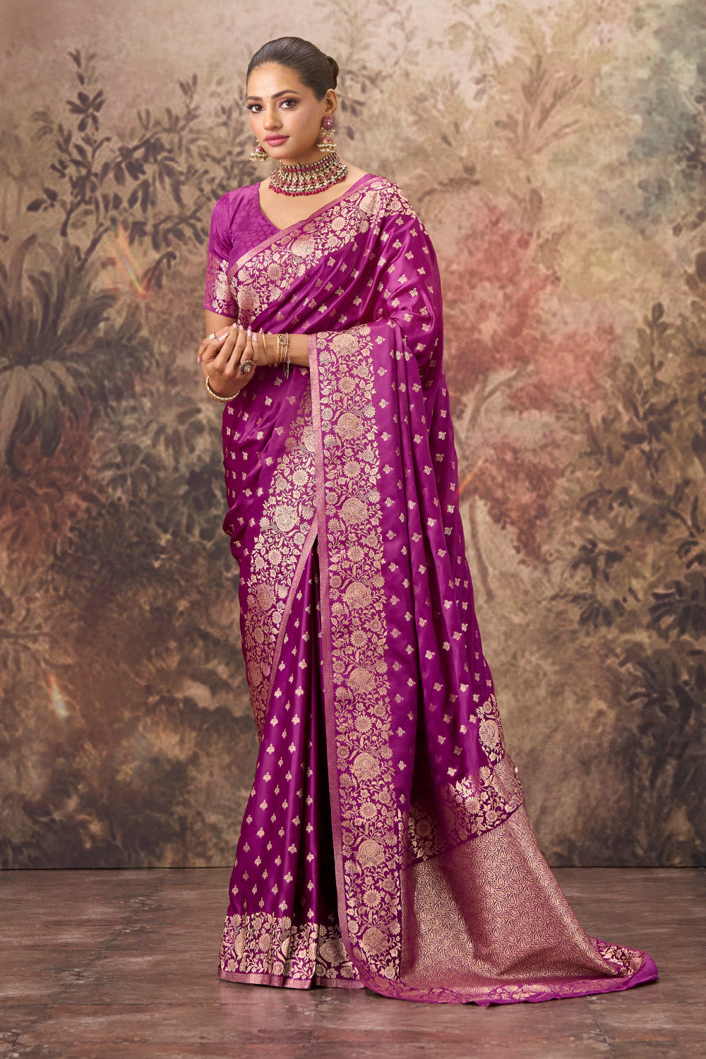 Purple Charmeuse Silk Zari Woven Saree
