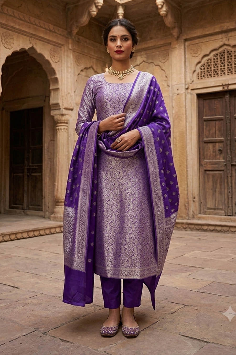 Purple Banarsi Silk Woven Unstitched Suit Material