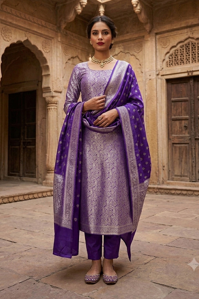 Purple Banarsi Silk Woven Unstitched Suit Material