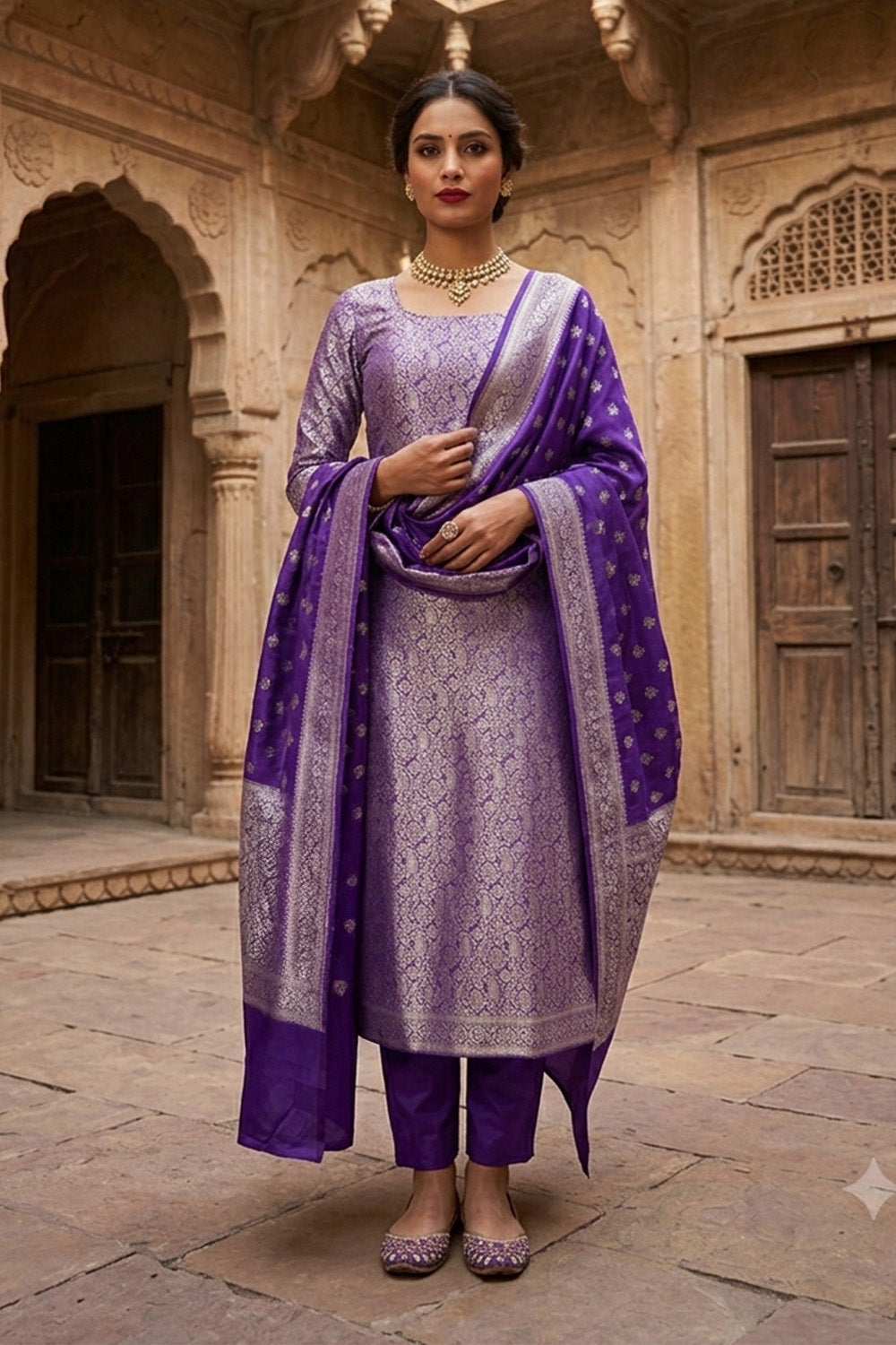 Purple Banarsi Silk Woven Unstitched Suit Material