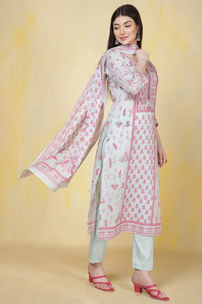Sea Green Cotton Floral Printed & Neck Embroidered Suit