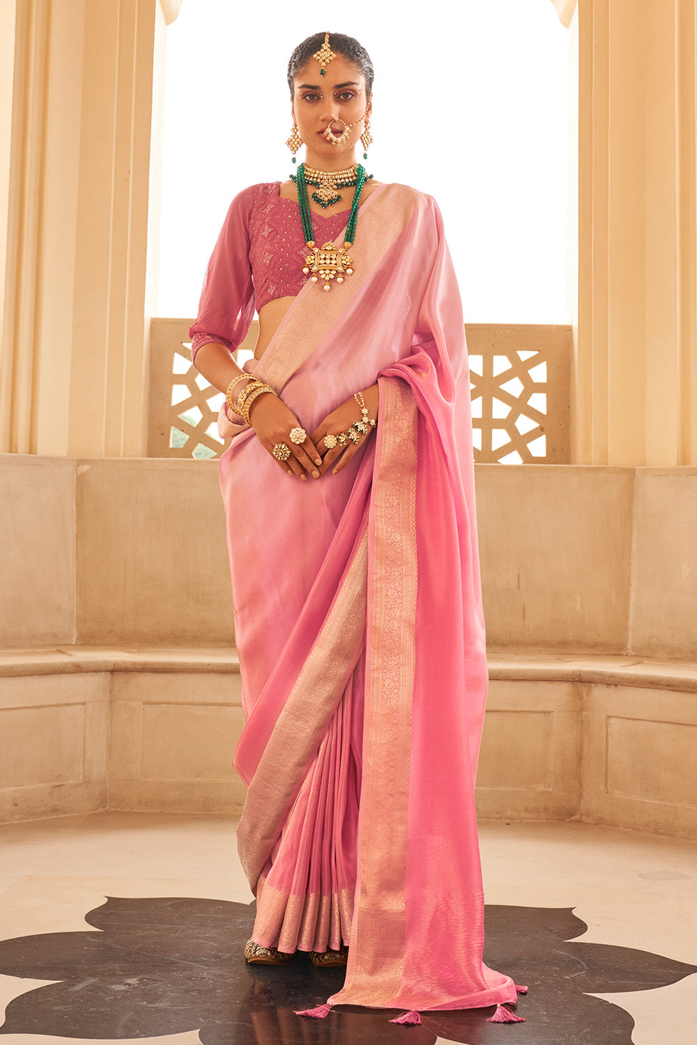 Coral Color Organza Silk Woven Saree