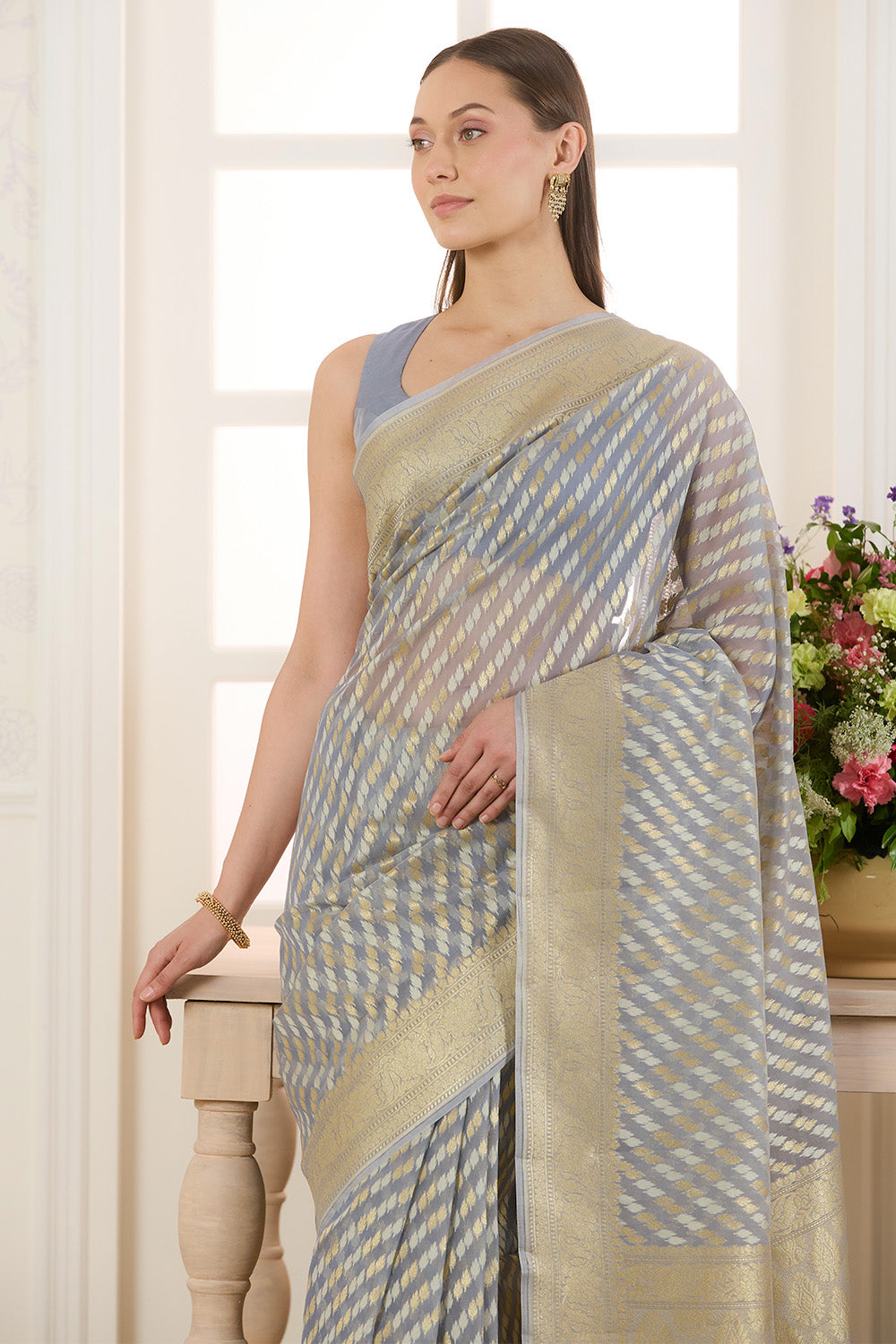 Grey Metalic Tissue Zari Woven Saree