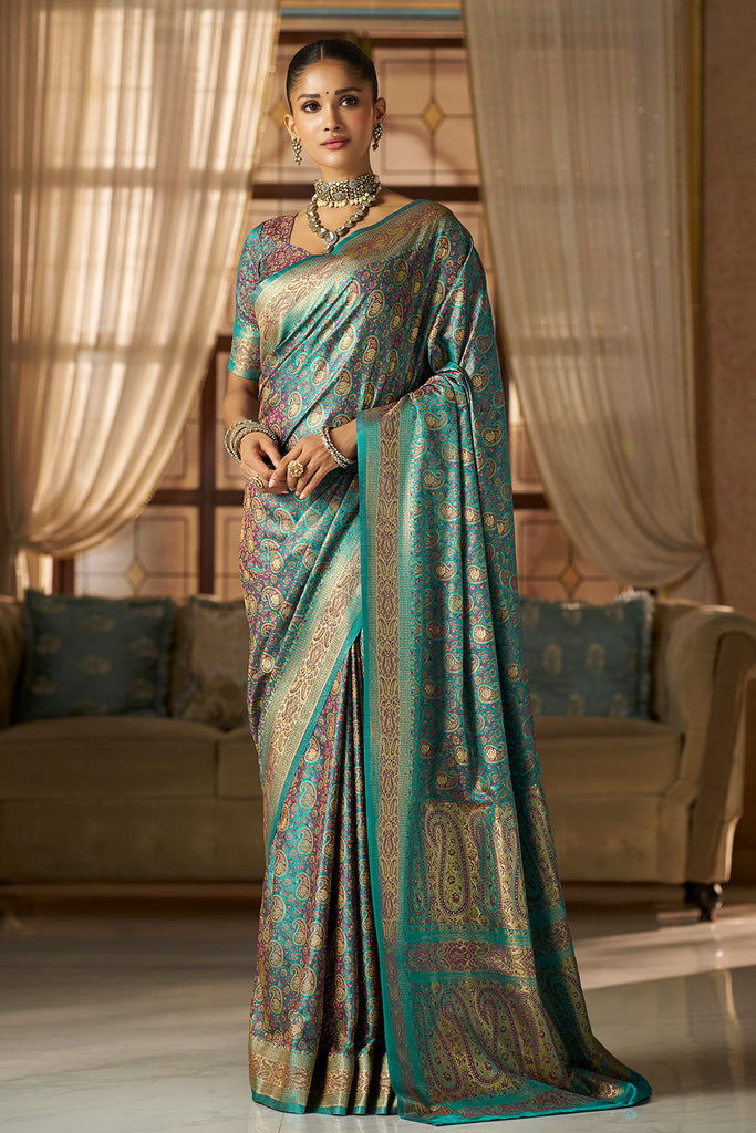 Teal Color Minakari Woven Silk Saree