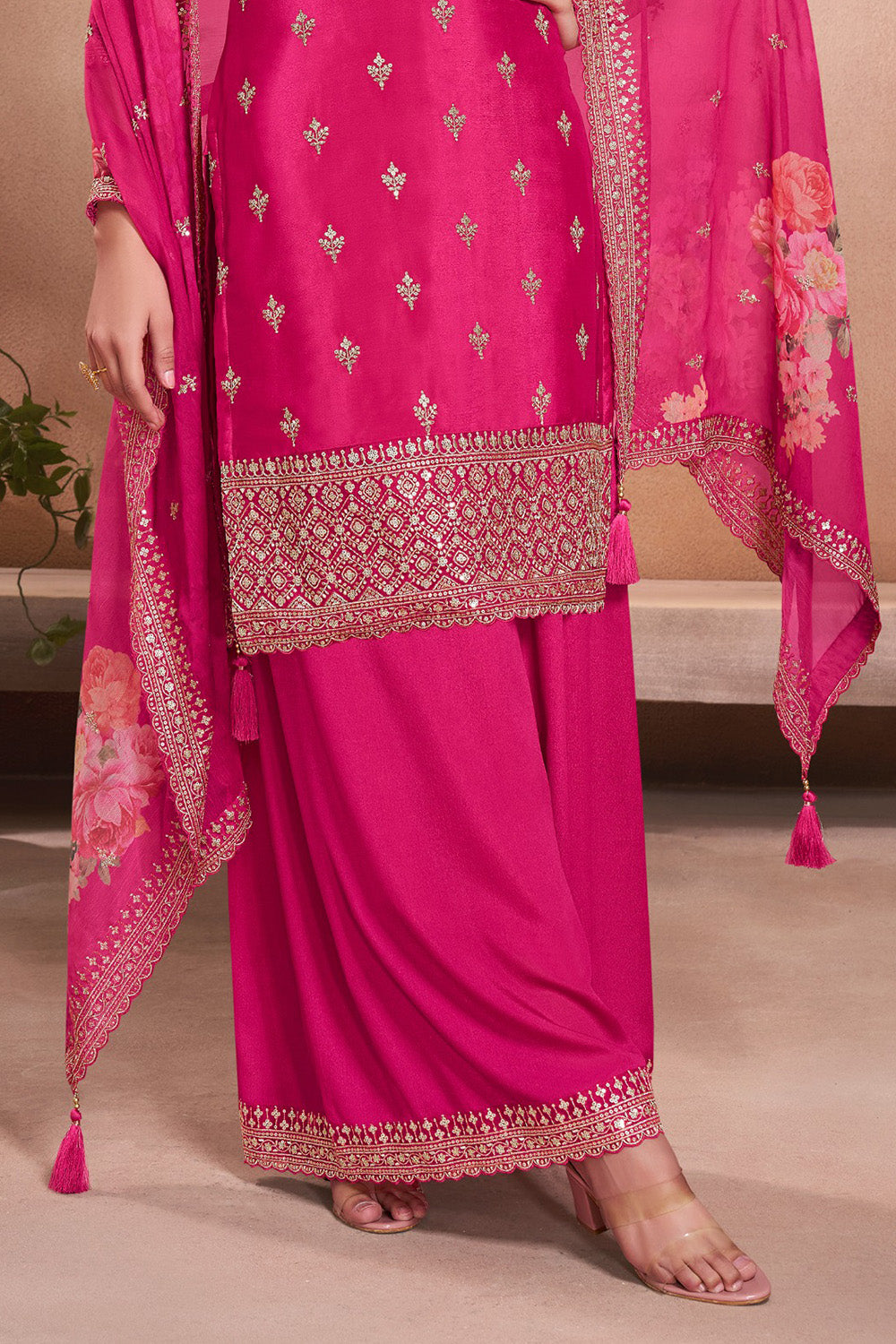 Hot Pink Silk Embroidered Suit With Palazzo
