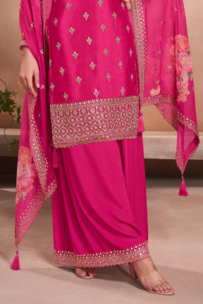 Hot Pink Silk Embroidered Suit With Palazzo