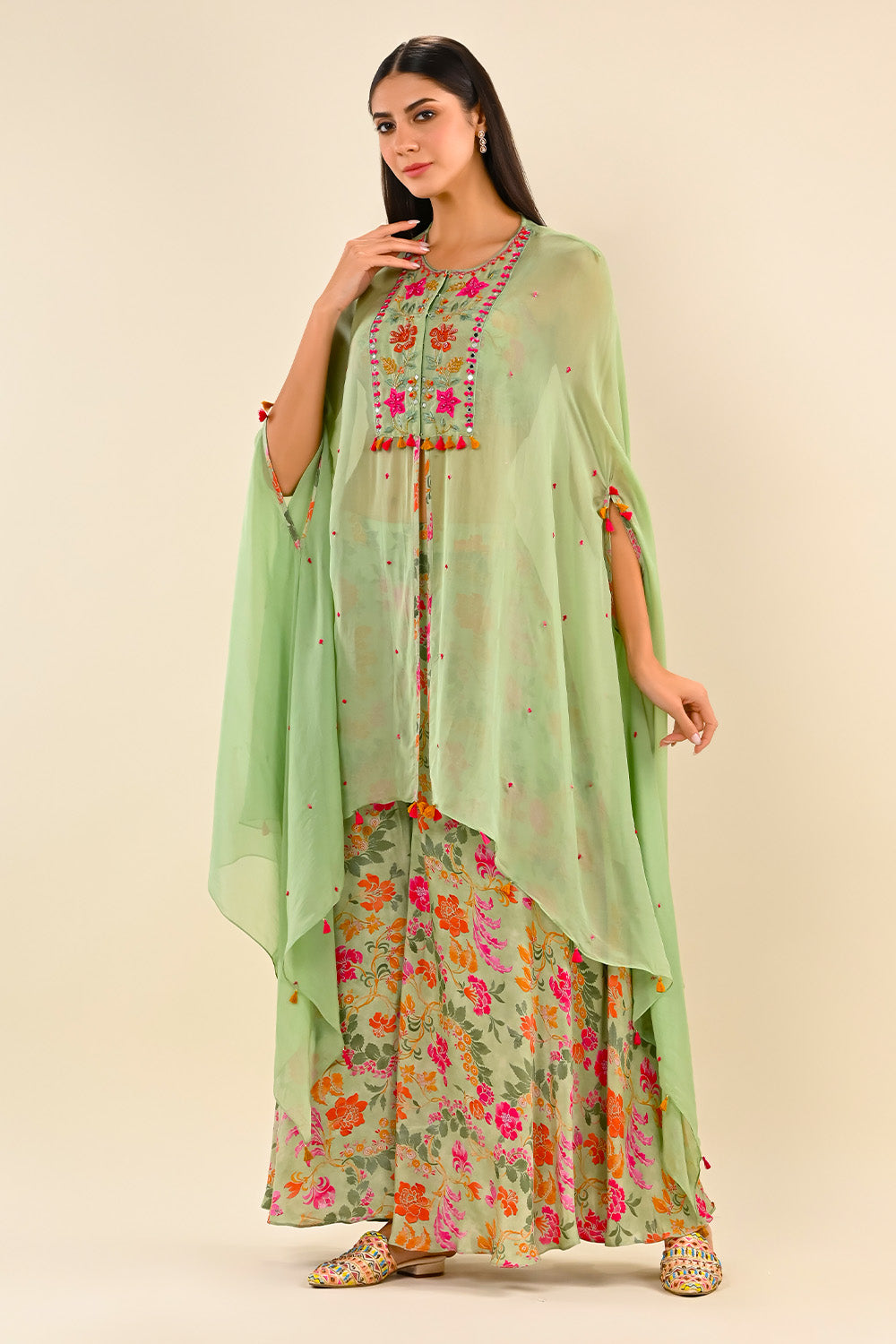 Pista Green Color Mulberry Cotton Printed Crop-Top and Gharara Set With Shrugs
