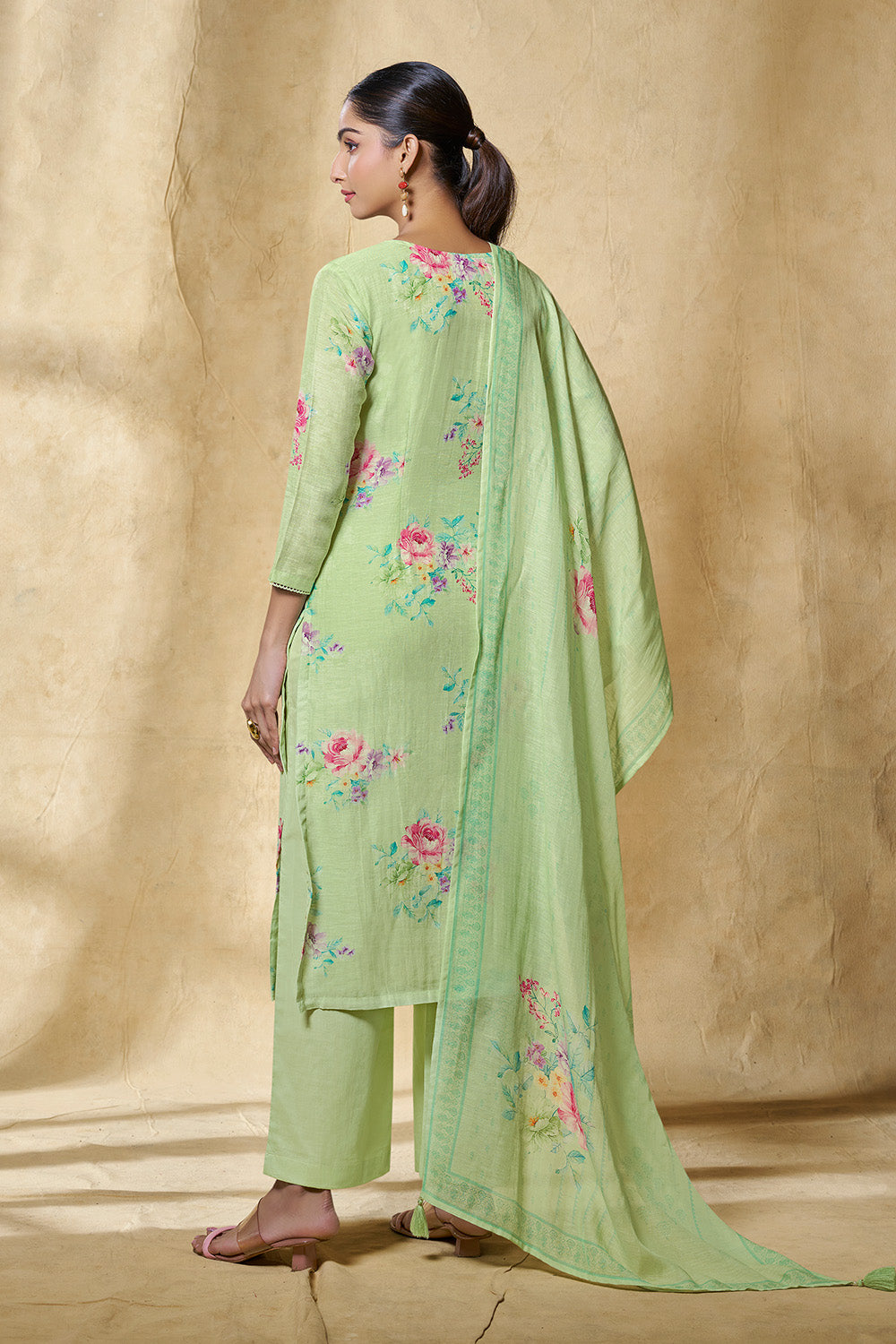 Pista Green Chanderi Cotton Floral Printed Suit Set