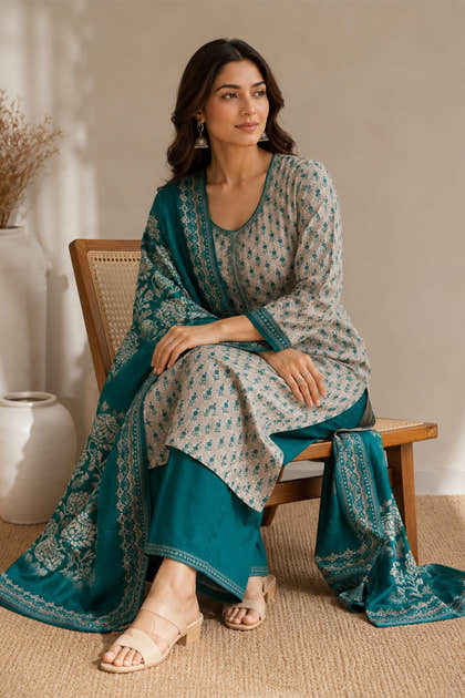 Grey And Teal Printed Chanderi Silk Suit