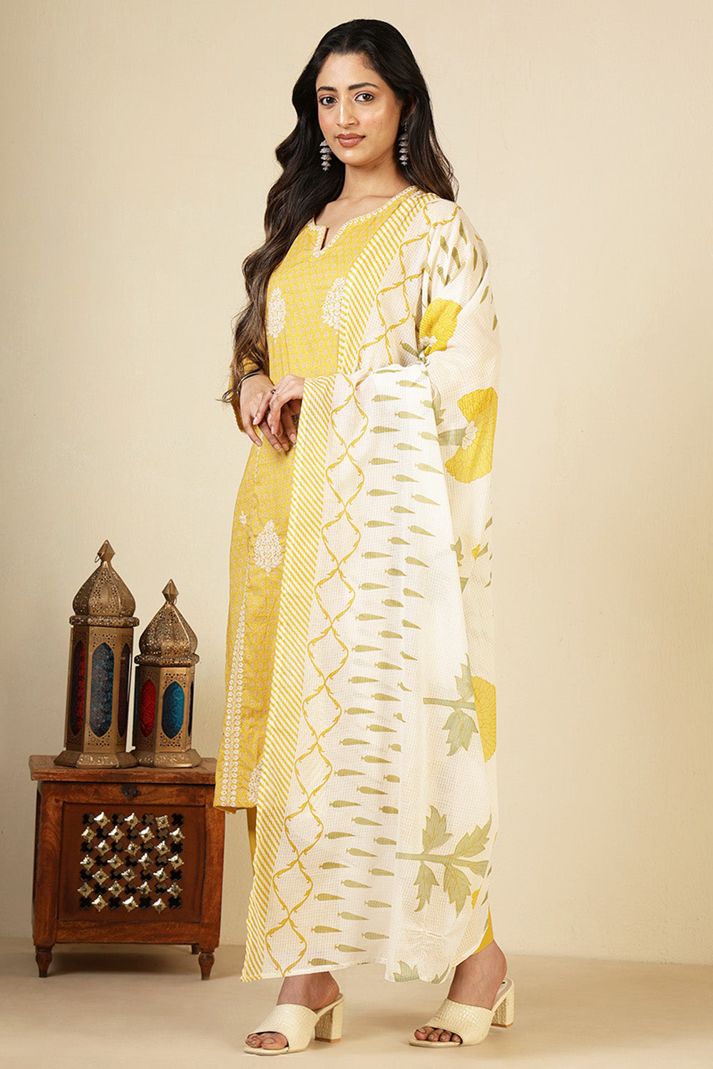 Yellow Cotton Emboridered And Printed Suit Set