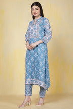 Turquoise Rayon Floral Printed Kurta Set