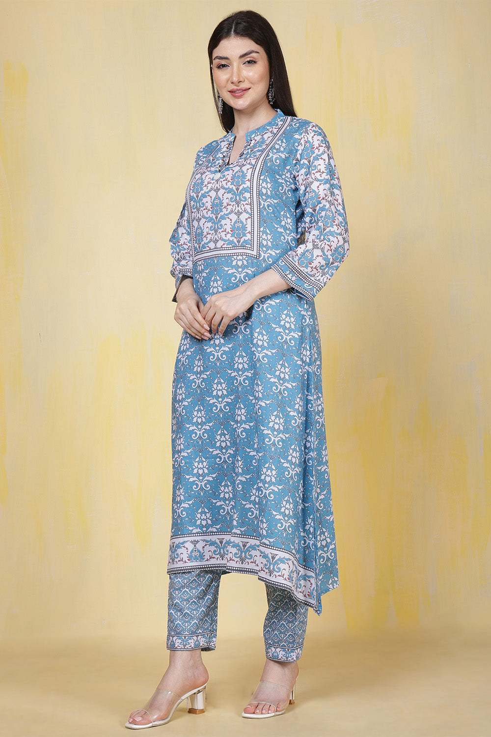 Turquoise Rayon Floral Printed Kurta Set