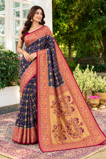 Navy Silk Printed And Woven Border Saree