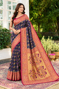 Navy Silk Printed And Woven Border Saree