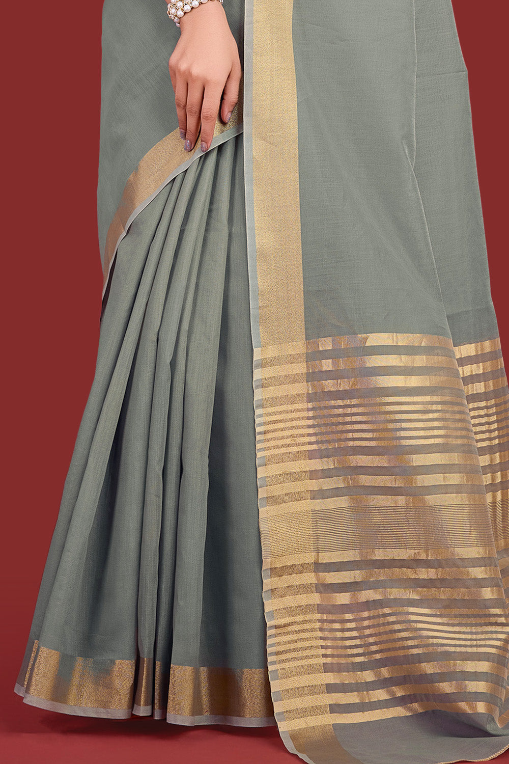 Grey Colour Cotton Zari Woven Saree