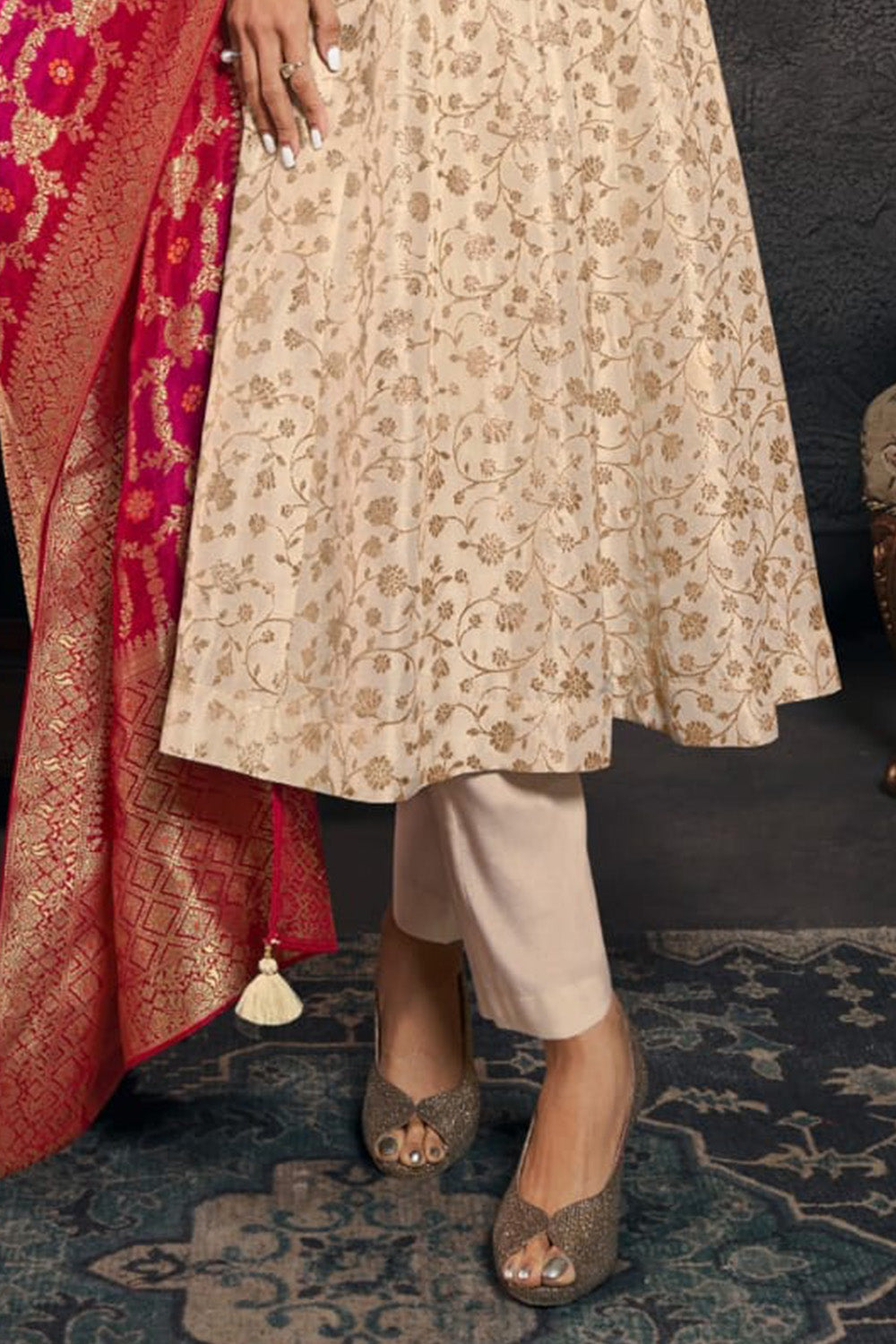 Cream Silk Neck Embroidered And Zari Woven Anarkali Suit With Woven Dupatta Set