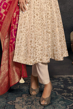 Cream Silk Neck Embroidered And Zari Woven Anarkali Suit With Woven Dupatta Set