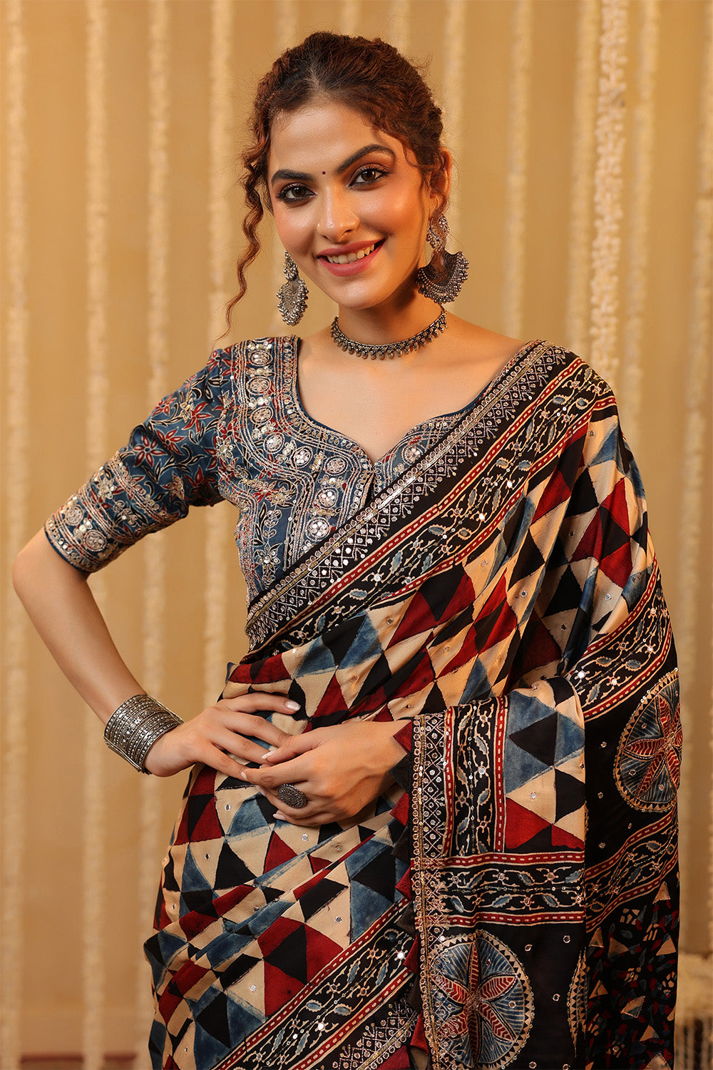 Navy & Beige Printed And Embroidered Pure Mulberry Silk Saree