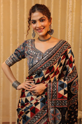 Navy & Beige Printed And Embroidered Pure Mulberry Silk Saree