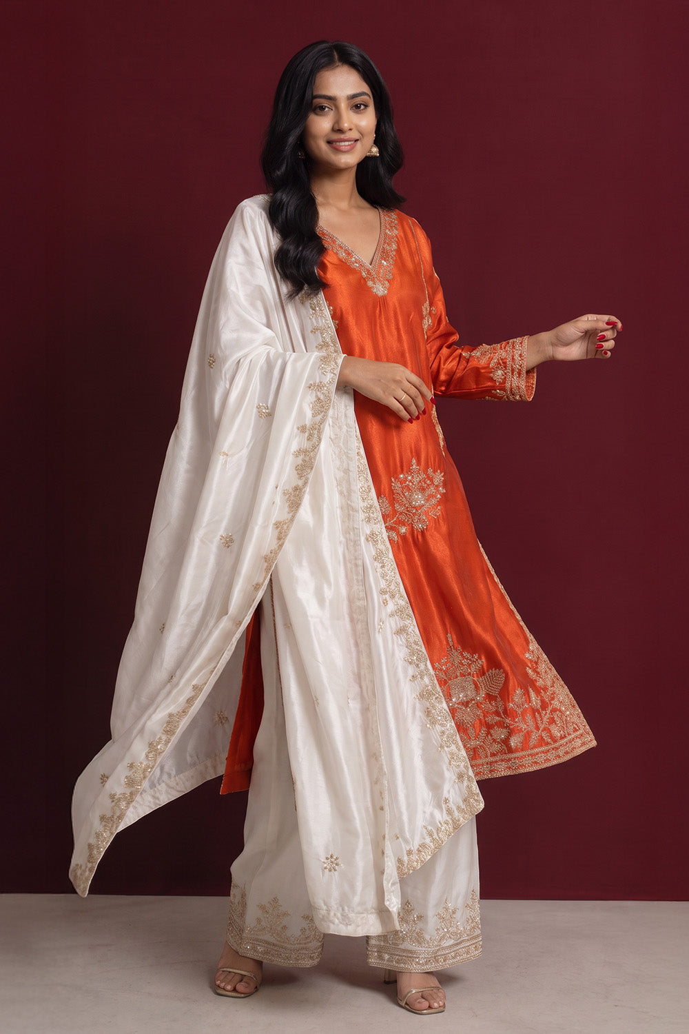 Rust Color Sequins And Cut-Dana Embroidered Suit With Pallazo
