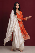 Rust Color Sequins And Cut-Dana Embroidered Suit With Pallazo
