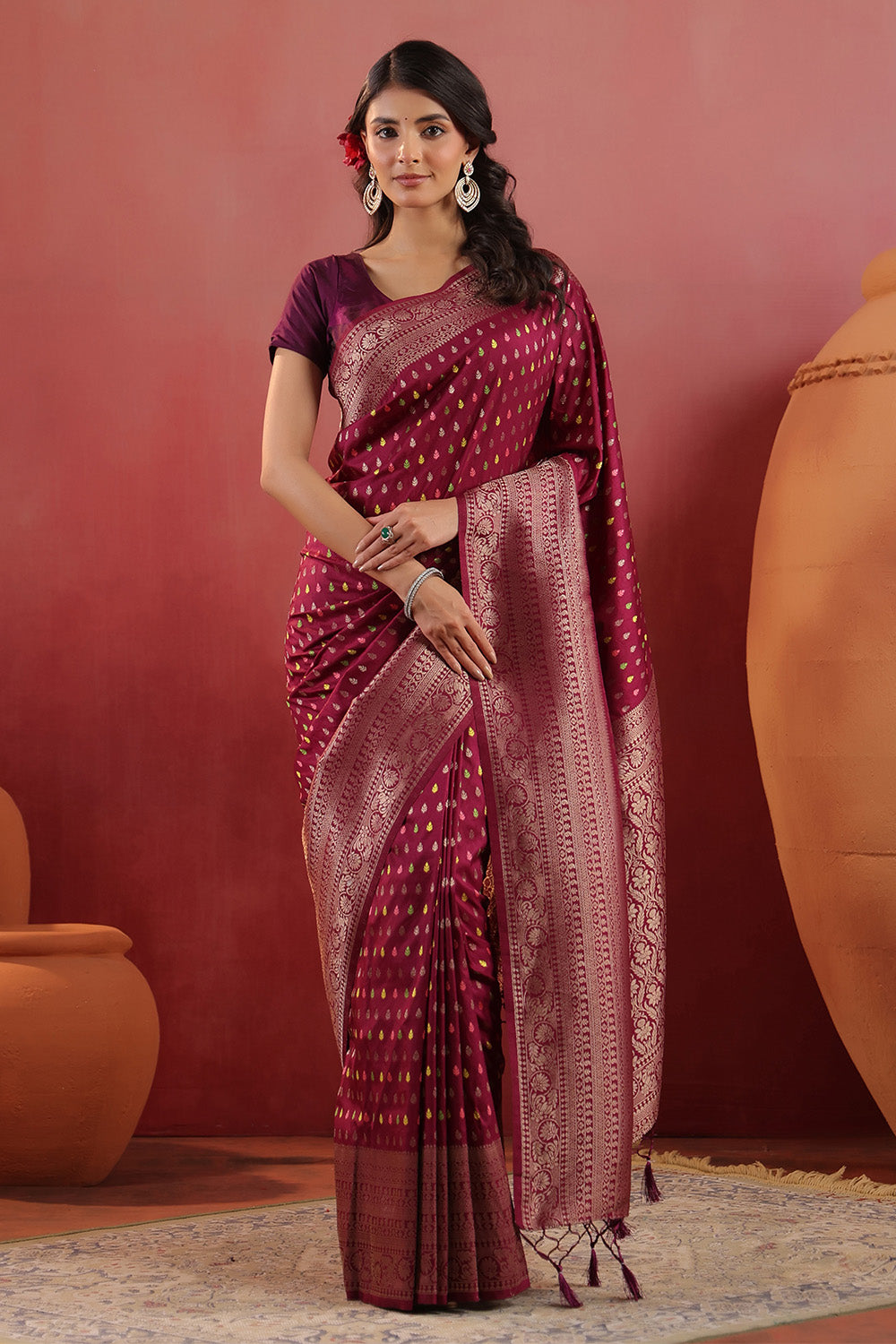 Wine Soft Silk Woven Saree