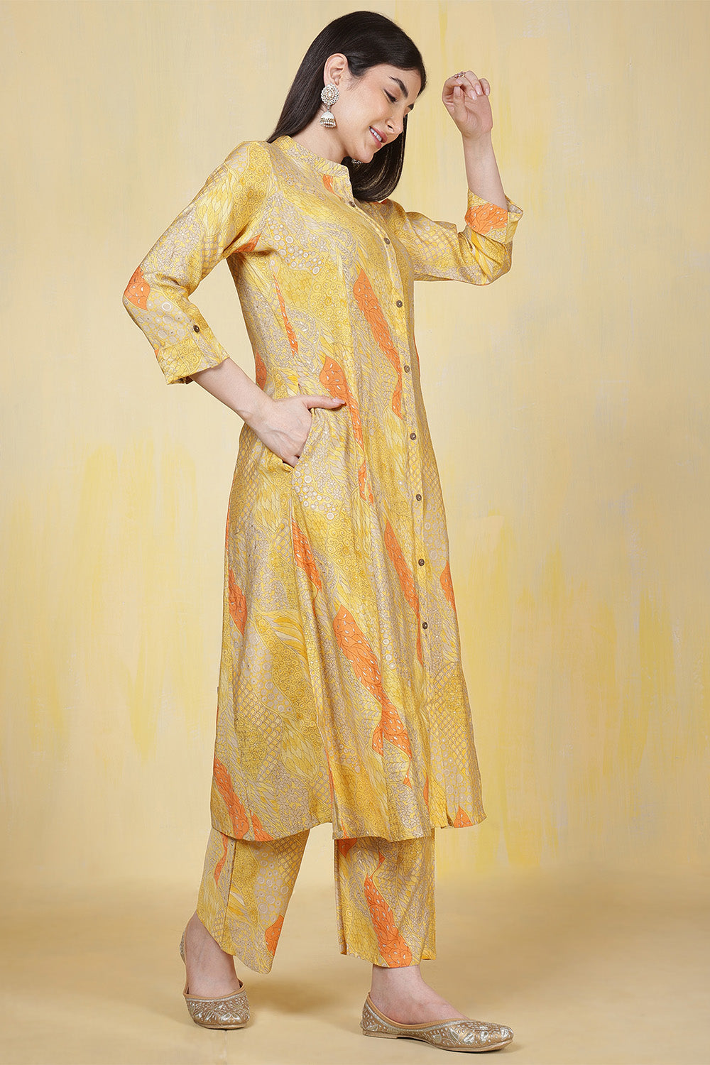 Yellow Cotton Printed Long Kurta Set