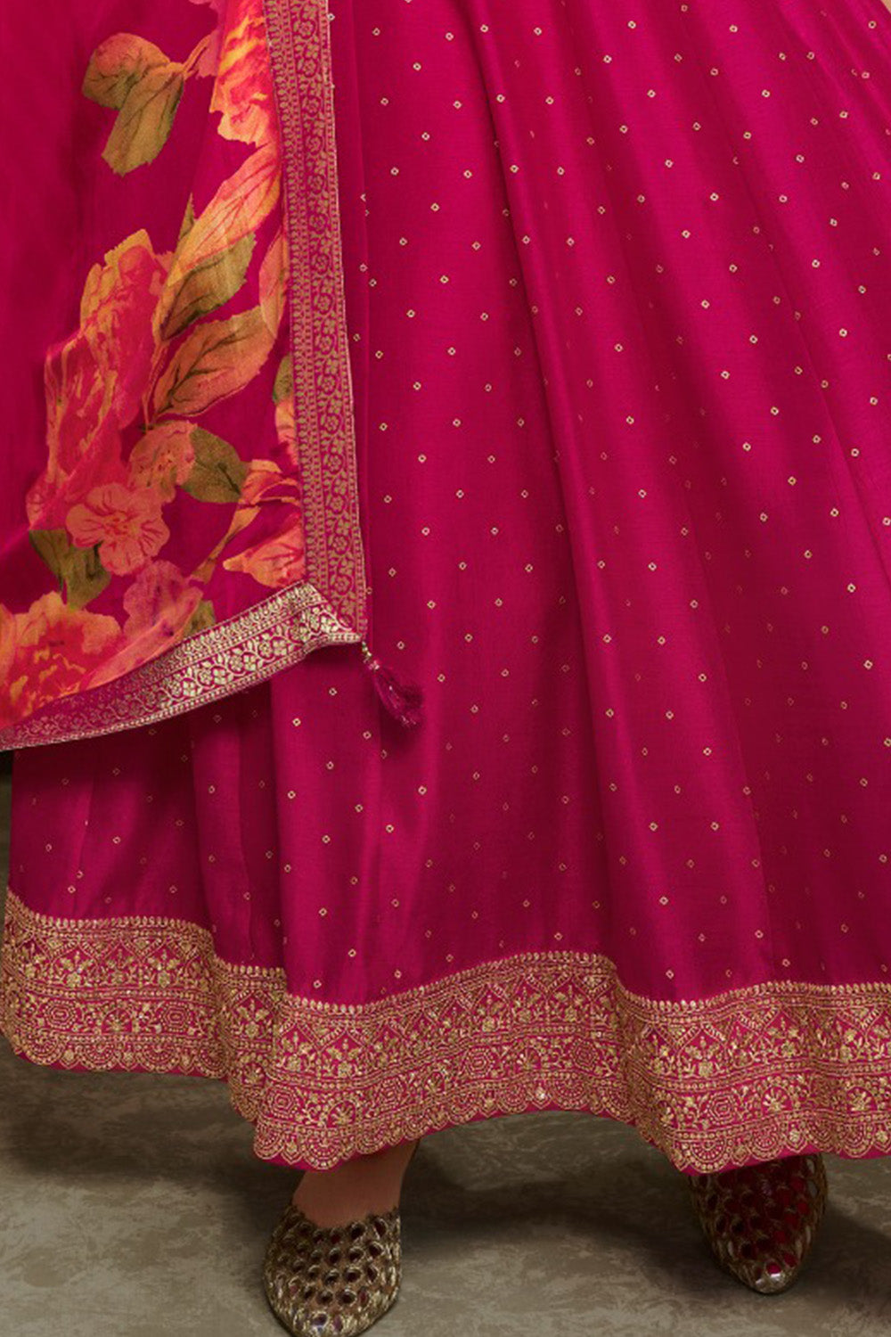 Fuchsia Pink Color Silk Embroidered Anarkali Kurti
