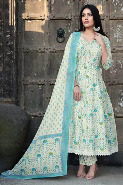 Cream & Blue Cotton Floral Printed Floor Lenght Anarkali Suit