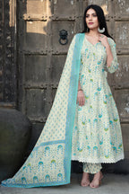 Cream & Blue Cotton Floral Printed Floor Lenght Anarkali Suit