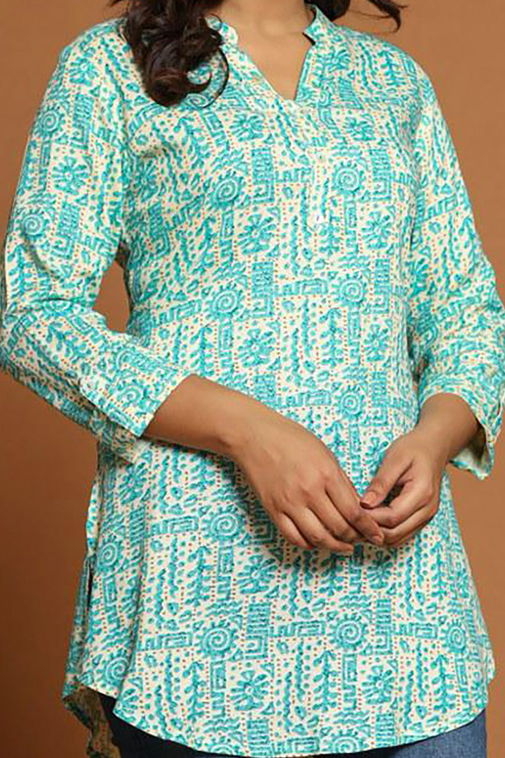 Turquoise & Beige Color Cotton Printed Tunic