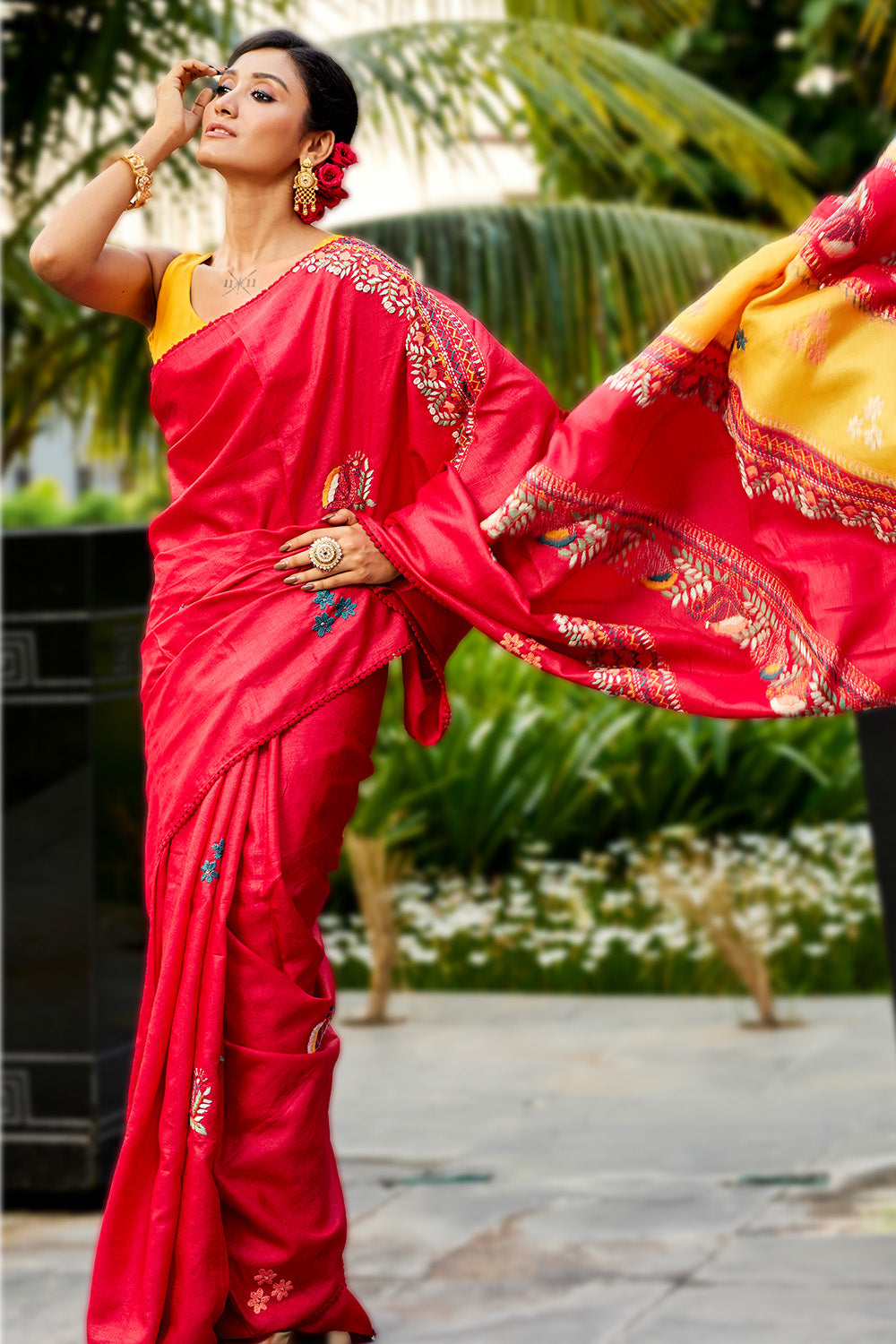 Maroon Color Tussar Silk Madhubani Work Saree