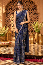 Navy Color Georgette Sequins Embroidered Saree
