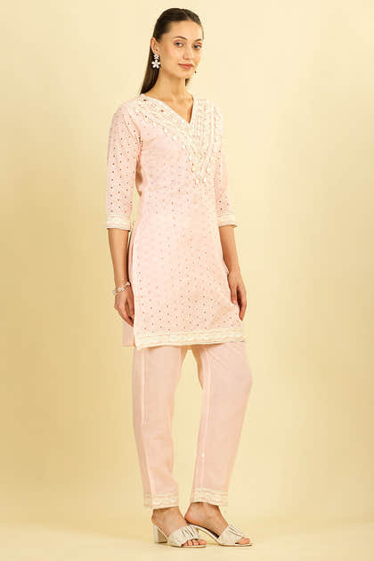 Pink Cotton Hacoba Style Neck-Embroidered Kurta Set