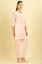 Pink Cotton Hacoba Style Neck-Embroidered Kurta Set