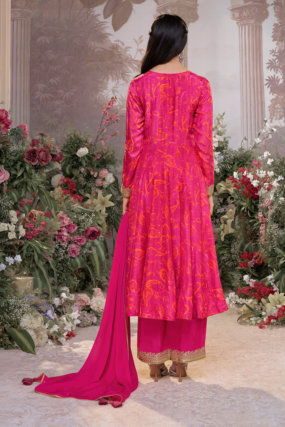 Magenta Pink Printed & Emboridered Anarkali Suit