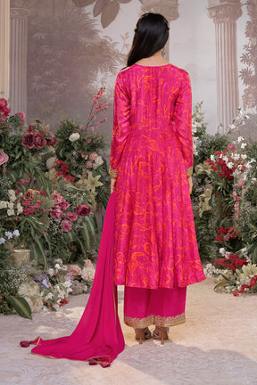 Magenta Pink Printed & Emboridered Anarkali Suit