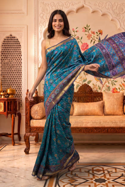 Teal Cotton Printed And Woven Border Saree