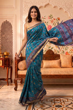 Teal Cotton Printed And Woven Border Saree