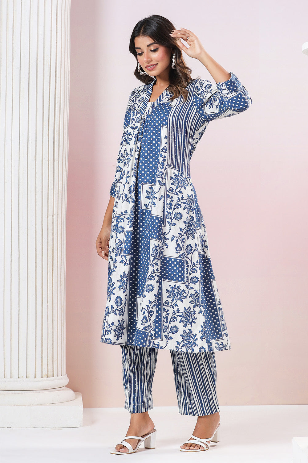 Blue & Cream Color Cotton Printed Long Kurta Set