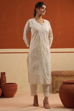 Beige Resham Embroidered Kurta