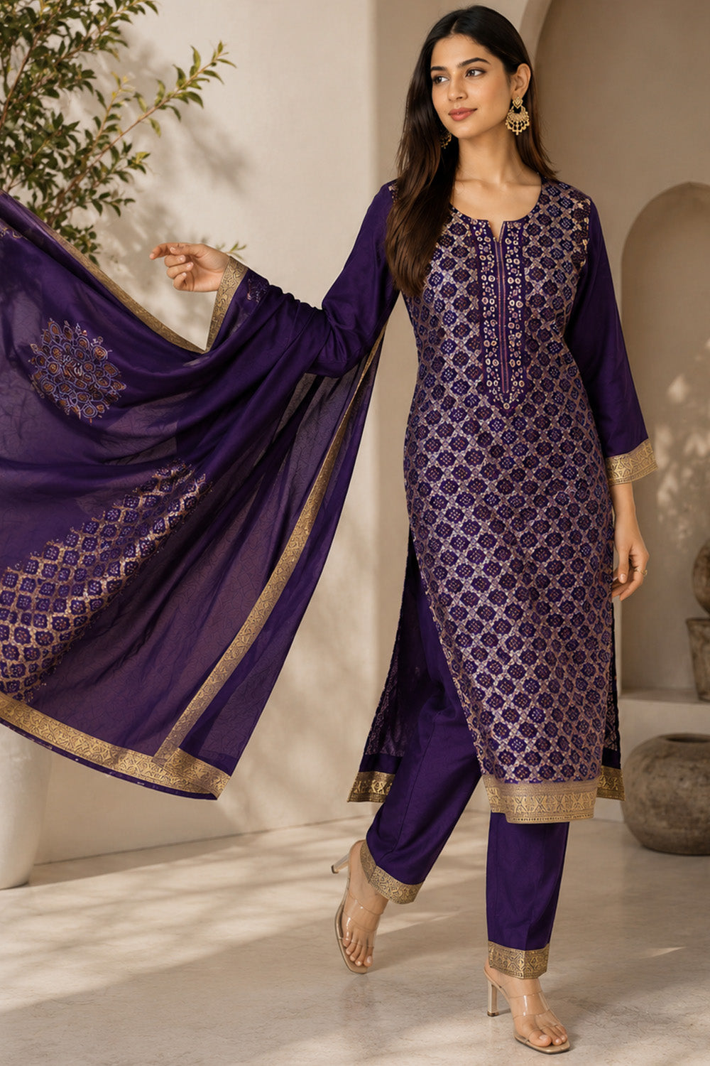 Purple Georgette Zari Woven Suit